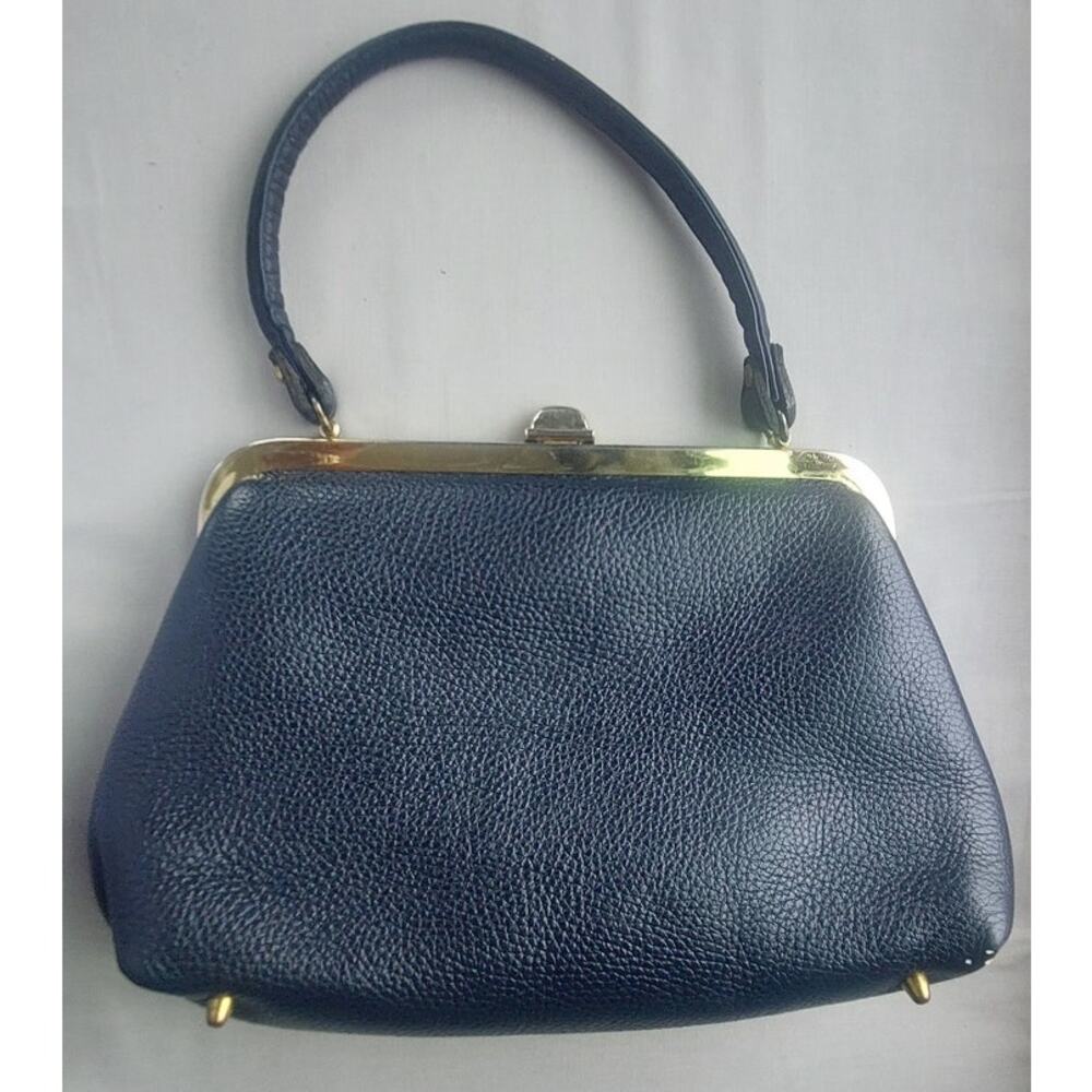Navy Blue Pebbled Frame Bag Kiss Lock Top Handle Satchel Gold Hardware